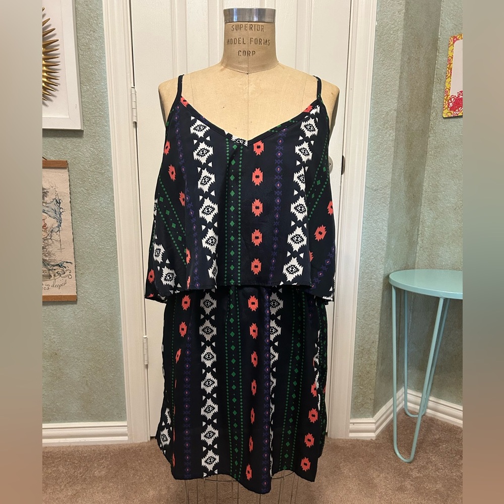 Navy Patterned Layered Dress with Spaghetti Straps